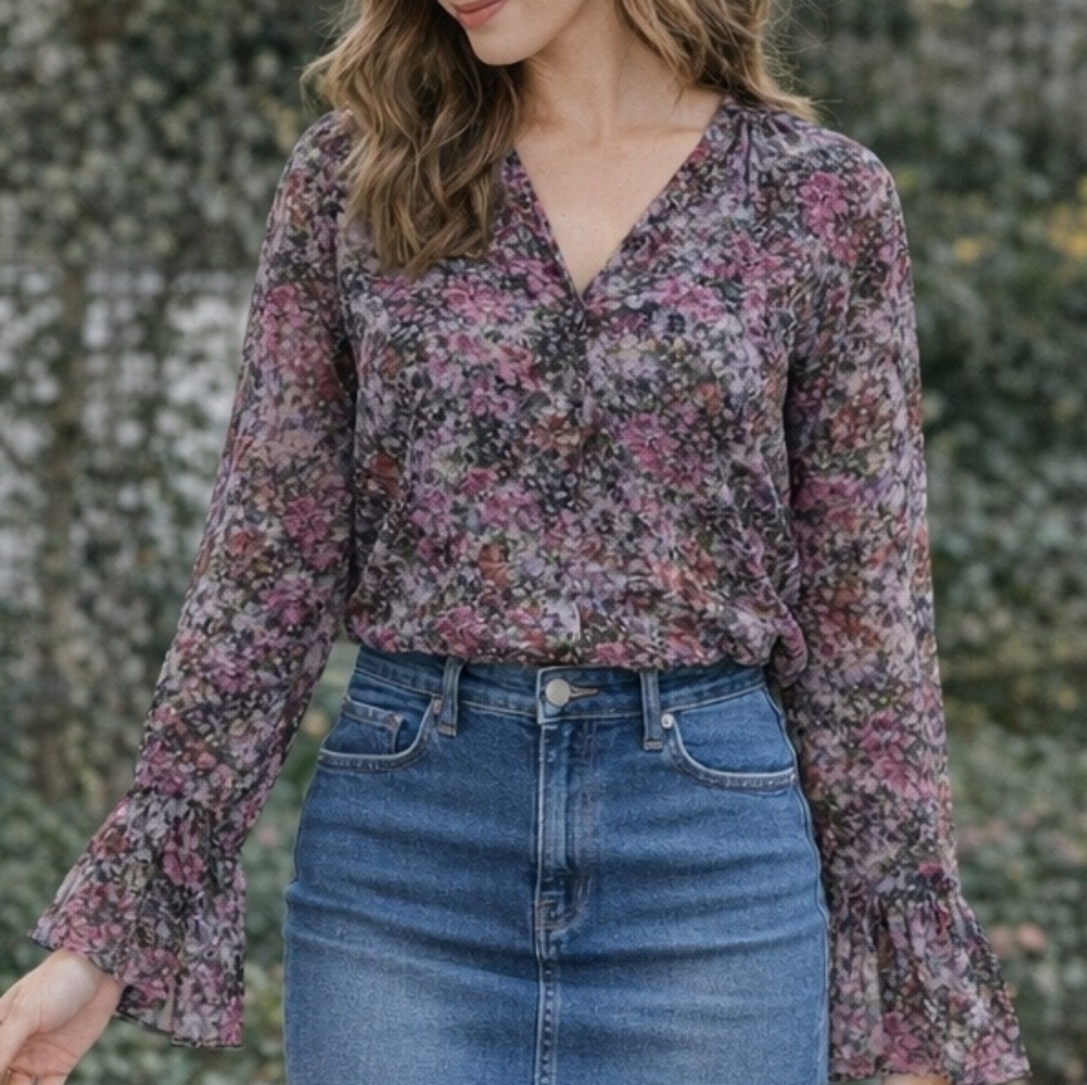 Paige Abriana Long Sleeve Silk Blouse Women's Size Large Floral Purple